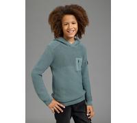 Strickpullover BRUNO BANANI "Kapuzen-Strickpullover mit BRUNO BANANI Badge", Jungen, Gr. 128/134, grün (hellpetrol), Grobstrick, Obermaterial: 100% Baumwolle, unifarben, Basic hüftlang, Rippbündchen,