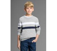 Strickpullover BRUNO BANANI "Ringelpullover in modischer Strickstruktur für Jungen", Jungen, Gr. 128/134, blau meliert, Grobstrick, Obermaterial: 100% Baumwolle, geringelt, Basic hüftbedeckend, Rundha