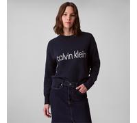Strickpullover CALVIN KLEIN "Cotton Graphic Pullover", Damen, Gr. XL (44), blau (schwarz sapphire), Strick, Obermaterial: 100% Baumwolle, unifarben, klassisch normal, Rundhals, eingesetzt Rippstrickbü