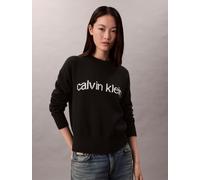 Strickpullover CALVIN KLEIN JEANS "Cotton Graphic Pullover", Damen, Gr. S (38), schwarz, Strick, Obermaterial: 100% Baumwolle, klassisch normal, Rundhals, eingesetzt Rippstrickbündchen, Pullover Stric
