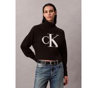 Strickpullover CALVIN KLEIN JEANS, Damen, Gr. M (40), schwarz, Rippstrick, Obermaterial: 100% Baumwolle, unifarben, loose fit taillenlang, hoch geschlossener Ausschnitt, Bündchen, Pullover, Rollkragen