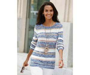 Strickpullover CASUAL LOOKS "Pullover", Damen, Gr. 42, blau (blau, ecru, gestreift), 54% Baumwolle, 46% Polyacryl, gemustert, gestreift, mehrfarbig, meliert, Pullover Strickpullover (20955032-42) blau
