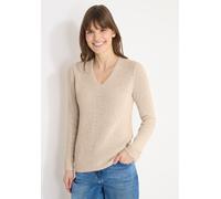 Strickpullover CECIL, Damen, Gr. M (40), pearl beige, Web, 75% Baumwolle, 25% Polyester, unifarben, normal normal, V-Ausschnitt, normaler Saum, Pullover Strickpullover, mit abgerundetem V-Ausschnitt (
