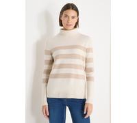 Strickpullover CECIL, Damen, Gr. XL (44), beige (oat milk beige melange), Web, 37% Baumwolle, 34% Polyacryl, 26% Polyester, 3% Elasthan, gestreift, normal normal, hoch geschlossener Ausschnitt, Rippbü