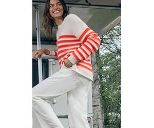 Strickpullover CECIL, Damen, Gr. XL (44), pearl beige, Web, 65% Baumwolle, 35% Nylon, gestreift, comfort fit normal, U-Boot-Ausschnitt, Rippbündchen, Pullover Strickpullover, Grobstrick (74785368-XL) 