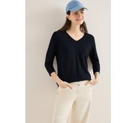 Strickpullover CECIL, Damen, Gr. XXL (46), universal blau, Web, 60% Baumwolle, 40% Viskose, unifarben, comfort fit normal, V-Ausschnitt, Rippbündchen, Pullover Strickpullover, im soften Baumwoll-Mix (