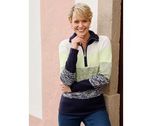 Strickpullover CLASSIC BASICS "Troyer-Pullover", Damen, Gr. 50, bunt (schilf, marine, gemustert), 100% Polyacryl, gemustert, gestreift, mehrfarbig, meliert, Pullover Strickpullover (60522013-50) schil