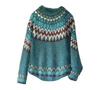 Strickpullover Damen Langarm Blau Gefütterter Baumwoll Pullover Mit Mond Und Teddyfleece