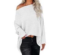 Strickpullover Damen Oversize One Shoulder | Fledermausärmel Pullover Damen Einfarbiger Pullover Elegant Langarm Rundhals Pulli Sweatshirt Lässiges Locker Longpullover Winterpullis Grobstrickpullover