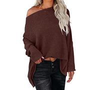 Strickpullover Damen Oversize One Shoulder | Fledermausärmel Pullover Damen Einfarbiger Pullover Elegant Langarm Rundhals Pulli Sweatshirt Lässiges Locker Longpullover Winterpullis Grobstrickpullover