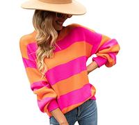 Strickpullover Damen Oversize Pullover Damen Strick Knit Sweater Süße Overzised Pullover Frauen Strickpulli Pulli Rippstrick Gestrickter Gestreifter Kuschel Basic Knitted Pullover Damen Orange Rosa XL