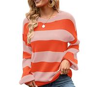 Strickpullover Damen Oversize Pullover Damen Strick Knit Sweater Süße Overzised Pullover Frauen Strickpulli Pulli Rippstrick Gestrickter Gestreifter Kuschel Basic Knitted Pullover Damen Rosa Orange S