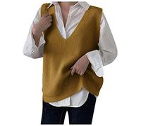 Strickpullover Damen Oversize, V Ausschnitt Ärmellos Warm Sweater Vest Wollweste Gestreift Lang Winter Strickpullunder Pullover Strickweste Baumwolle Knopf Pullover Vest Pullunder