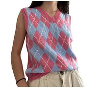 Strickpullover Damen Pullunder England Style Strick Pulli V-Ausschnitt RetroArgyle Plaid Strickwestenpullover Mädchen Strickweste Lockerer Ärmellos College-Stil Weste Oberteil Top