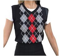 Strickpullover Damen Pullunder England Style Strick Pulli V-Ausschnitt RetroArgyle Plaid Strickwestenpullover Mädchen Strickweste Lockerer Ärmellos College-Stil Weste Oberteil Top