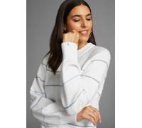 Strickpullover DELMAO, Damen, Gr. 40/42 (M), bunt (weiß, blau, gestreift), Grobstrick, Obermaterial: 50% Viskose, 28% Polyester, 22% Polyamid, gestreift, mehrfarbig, hüftlang, Rundhals, Raglanärmel Ri