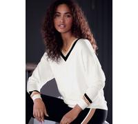 Strickpullover FRENCH CONNECTION, Damen, Gr. 44/46, creme, Feinstrick, Obermaterial: 50% Viskose, 28% Polyester, 22% Polyamid, unifarben mit Farbeinsatz, V-Ausschnitt, Rippbündchen, Pullover Strickpul