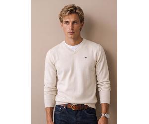 Strickpullover FYNCH-HATTON, Herren, Gr. M, snow weiß, Strick, Obermaterial: 100% Baumwolle, meliert, unifarben, regular fit hüftbedeckend, V-Ausschnitt, Flachstrickbündchen, Pullover Strickpullover,