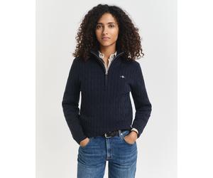 Strickpullover GANT "STRETCH COTTON CABLE HALF-ZIP", Damen, Gr. M, blau (evening blau), Strick, Obermaterial: 88% Baumwolle, 10% Polyamid, 2% Elasthan, unifarben, regular fit normal, Rundhals, eingese