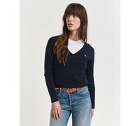 Strickpullover GANT "STRETCH COTTON CABLE V-NECK", Damen, Gr. L, blau (evening blau), Strick, Obermaterial: 88% Baumwolle, 10% Polyamid, 2% Elasthan, Zopfmuster, schmal hüftlang, V-Ausschnitt, Rippstr