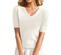 Strickpullover Generisch Damen Casual Kurzarm V-Ausschnitt Stricken T-Shirt Elegant Summer Einfarbig DüNne Feinstrick Pullover Leichte Locker Kurzarmpullover Weich Strickpulli Sweater Tops(A Weiß,XXL)