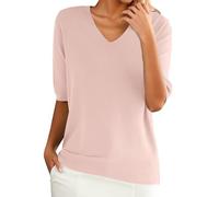 Strickpullover Generisch Damen Casual Kurzarm V-Ausschnitt Stricken T-Shirt Elegant Summer Einfarbig DüNne Feinstrick Pullover Leichte Locker Kurzarmpullover Weich Strickpulli Sweater Tops(B Rosa,XXL)