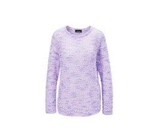 Strickpullover GOLDNER "Kurzgröße Effektvoller locker gestrickter Bändchengarnpullover", Damen, Gr. 24, lila (weiß, flieder), Obermaterial: 53% Polyacryl PAN. 40% Polyester PES. 4% Baumwolle CO. 3% Vi