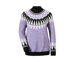 Strickpullover GOLDNER "Kurzgröße Jacquardpullover mit grafischem Muster", Damen, Gr. 24, lila (opalflieder, gemustert), Obermaterial: 76% Polyester PES. 15% Polyamid PA. 6% Schurwolle WV. 3% Elasthan