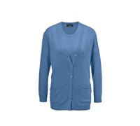 Strickpullover GOLDNER "Kurzgröße Strickset aus Jacke, Halbarmpullover", Damen, Gr. 21, blau (jeansblau), Obermaterial: 50% Baumwolle CO. 50% Polyacryl PAN., normal, V-Ausschnitt, Rippe, Pullover Stri