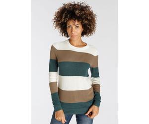 Strickpullover H.I.S, Damen, Gr. 36/38, beige (beige, gestreift), Strick, Obermaterial: 50% Baumwolle, 50% Polyacryl, gestreift, gerade hüftbedeckend, Rundhals, Pullover Strickpullover, in Streifenopt