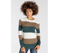 Strickpullover H.I.S, Damen, Gr. 40/42, beige (beige, gestreift), Strick, Obermaterial: 50% Baumwolle, 50% Polyacryl, gestreift, gerade hüftbedeckend, Rundhals, Pullover Strickpullover, in Streifenopt