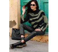 Strickpullover HEINE "Pullover", Damen, Gr. 34, khaki, schwarz, gemustert, 50% Viskose, 25% Polyester, 25% Polyamid, gemustert, Pullover Strickpullover (96918340-34) khaki, schwarz, gemustert