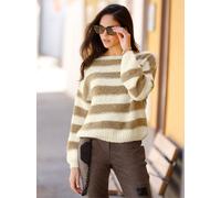 Strickpullover HEINE "Pullover", Damen, Gr. 38, beige (champagner, grau, gestreift), 72% Polyacryl, 15% Wolle, 10% Polyamid, 3% Polyester, gemustert, gestreift, Pullover Strickpullover (27023733-38) c