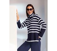 Strickpullover HEINE "Pullover", Damen, Gr. 38, bunt (marine, ecru, geringelt), 50% Viskose, 25% Polyester, 25% Polyamid, gemustert, gestreift, Pullover Strickpullover (95147205-38) marine, ecru, geri
