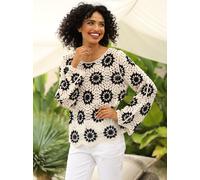 Strickpullover HEINE "Pullover", Damen, Gr. 40/42, ecru, schwarz, gemustert, 100% Baumwolle, geblümt, gemustert, mehrfarbig, Pullover Strickpullover (30212143-40) ecru, schwarz, gemustert