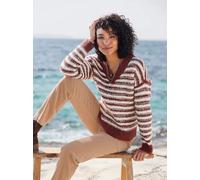 Strickpullover HEINE "Pullover", Damen, Gr. 44/46, braun (bordeaux, beige, geringelt), 61% Polyester, 22% Polyamid, 9% Polyacryl, 7% Wolle, 1% Elasthan, gemustert, gestreift, mehrfarbig, Pullover Stri
