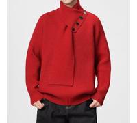 Strickpullover Herren Polyester Dick Winter Casual Style(Red XL) | Abnehmbarer Schal-Kragen, warm gefüttert, casual für Style, schwarze weiße rote graue Farben, M bis 2XL
