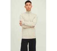 Strickpullover JACK & JONES "EMIL KNIT HALF ZIP", Herren, Gr. S, weiß (sanftes weiß), Feinstrick, Obermaterial: 60% Baumwolle, 20% Nylon, 20% Viskose, schmal hüftlang, Rundhals, Pullover Strickpullove