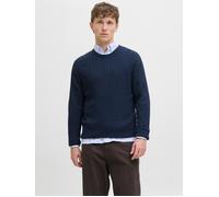 Strickpullover JACK & JONES "JJEEMIL KNIT CABLE CREW NECK NOOS", Herren, Gr. S, blau (navy blazer), Strick, Obermaterial: 60% Baumwolle, 20% Nylon, 20% Viskose, unifarben, regular fit hüftlang, Rundha