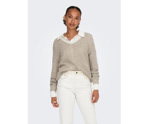 Strickpullover JDY "JDYNEW MEGAN L/S PULLOVER KNT NOOS", Damen, Gr. M, beige (cement detail:with schwarz ply), Strick, Obermaterial: 88% Polyacryl, 12% Polyester, unifarben, normal, V-Ausschnitt, Ripp