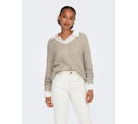 Strickpullover JDY "JDYNEW MEGAN L/S PULLOVER KNT NOOS", Damen, Gr. S, beige (cement detail:with schwarz ply), Strick, Obermaterial: 88% Polyacryl, 12% Polyester, unifarben, normal, V-Ausschnitt, Ripp