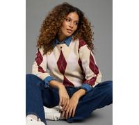 Strickpullover KANGAROOS, Damen, Gr. 44/46, beige (natur, bordeaux), Obermaterial: 50% Viskose, 28% Polyester, 22% Polyamid, Rautenmuster, normal, Pullover Strickpullover, mit Rautenmuster, aus Viskos