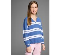 Strickpullover KANGAROOS "Kuschelweicher Ringelpullover", Mädchen, Gr. 128/134, blau geringelt, Feinstrick, Obermaterial: 50% Viskose, 28% Polyester, 22% Polyamid, geringelt, mehrfarbig, Basic hüftlan