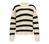 Strickpullover KIDS ONLY "KOGJUSTY L/S STRIPE PULLOVER KNT NOOS", Jungen, Gr. 134/140, schwarz (eggnog stripes:schwarz), Strick, Obermaterial: 100% Polyacryl, gestreift, loose fit normal, Rundhals, Ri