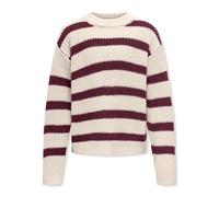 Strickpullover KIDS ONLY "KOGJUSTY L/S STRIPE PULLOVER KNT NOOS", Mädchen, Gr. 158/164, beige (eggnog stripes:fig), Strick, Obermaterial: 100% Polyacryl, geringelt, gestreift, loose fit hüftlang, Rund