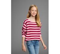 Strickpullover KIDSWORLD "Ringelpullover", Mädchen, Gr. 128/134, rot (bordeaux geringelt), Feinstrick, Obermaterial: 50% Baumwolle, 50% Polyacryl, geringelt, mehrfarbig, Basic, U-Boot-Ausschnitt, Ripp