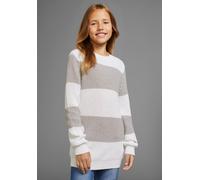 Strickpullover KIDSWORLD "Streifenpullover mit breitem Muster", Mädchen, Gr. 128/134, grau (grau, weiß gestreift), Strick, Obermaterial: 50% Baumwolle, 50% Polyacryl, gestreift, bequem hüftbedeckend,