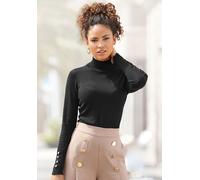 Strickpullover LASCANA, Damen, Gr. 36/38, schwarz, Feinstrick, Obermaterial: 83% Viskose, 15% Polyamid, 2% Elasthan, unifarben, Modisch, figurbetont hüftlang, mit Schlitz, Pullover, mit Zierknöpfen am