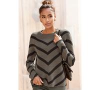 Strickpullover LASCANA, Damen, Gr. 36/38, schwarz (khaki, schwarz), Strick, Obermaterial: 70% Polyacryl, 30% Polyamid, unifarben mit Farbeinsatz, figurumspielend hüftlang, Rundhals, Pullover Strickpul