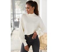 Strickpullover LASCANA, Damen, Gr. 40/42, beige (creme), Strick, Obermaterial: 50% Viskose, 25% Polyamid, 25% Polyester, unifarben, figurumspielend hüftlang, Rippstrickbündchen, Pullover Strickpullove